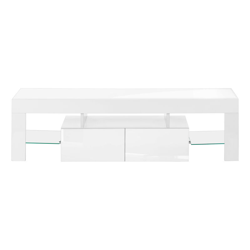 Monarch Specialties I 3548 Tv Stand, 63 Inch, Console, Media Entertainment Center, Storage Cabinet, Living Room, Bedroom, Laminate, Glossy White, Clear, Contemporary, Modern