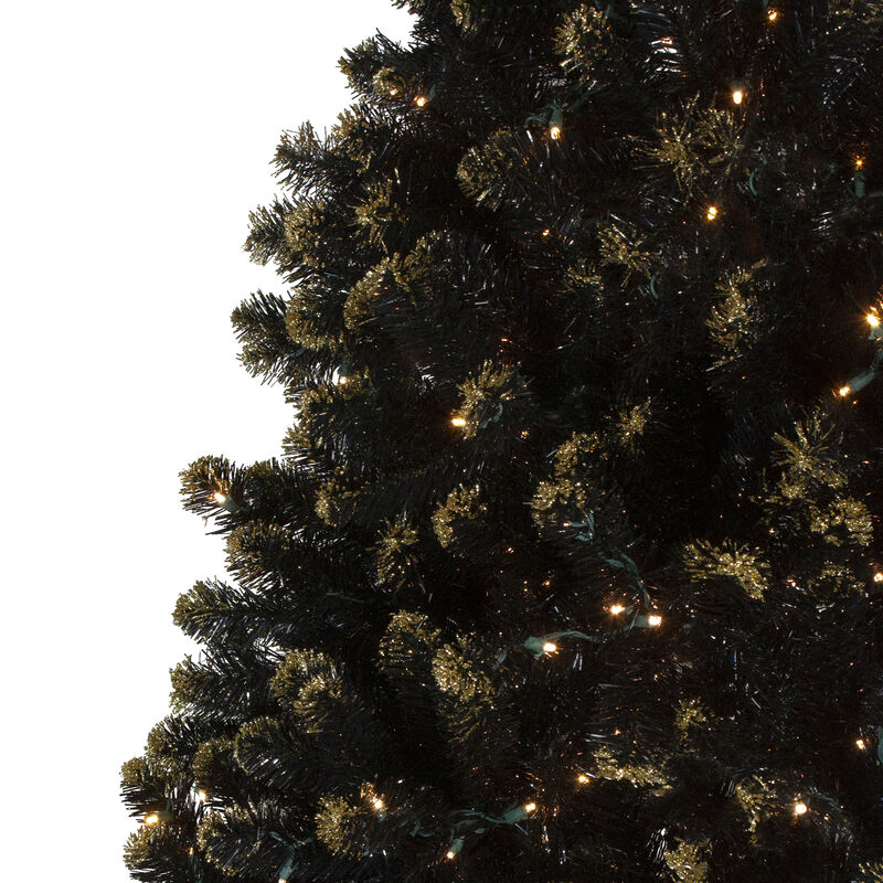 Pre-Lit LED Black Crystal Pine with Gold Glitter Artificial Christmas Tree - 7.5 ft Clear Lights