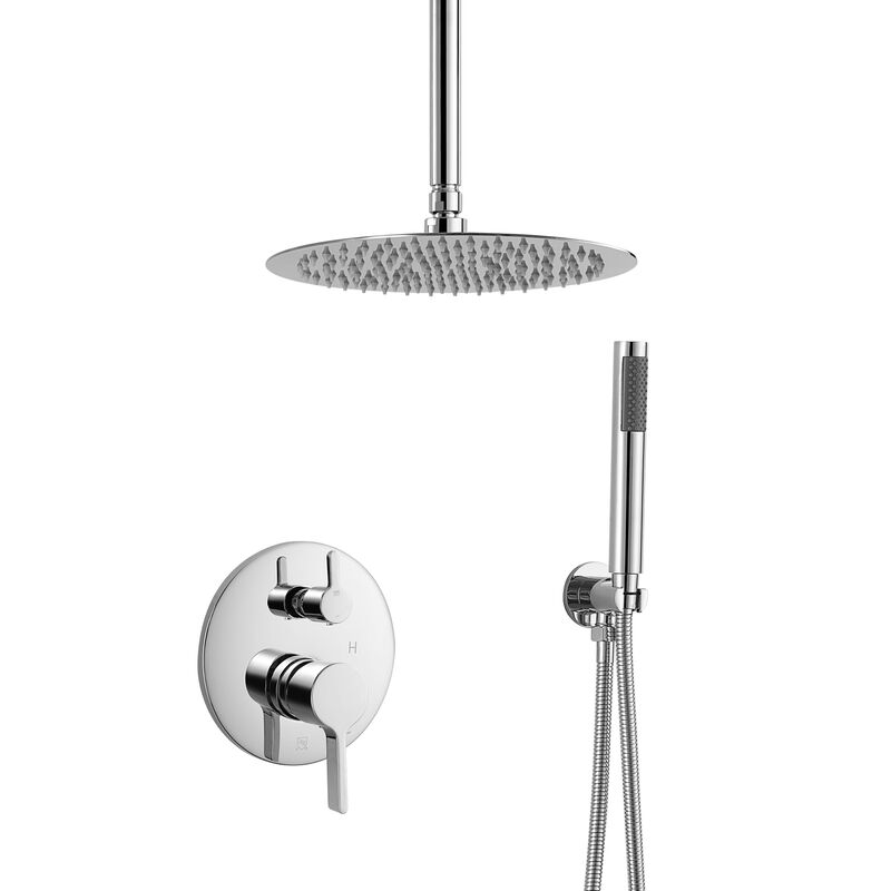 Mondawe Round 1-Spray Patterns Balance Valve Shower Faucets Set with 2.5 GPM Ceiling Mount Dual Shower Heads in Chrome