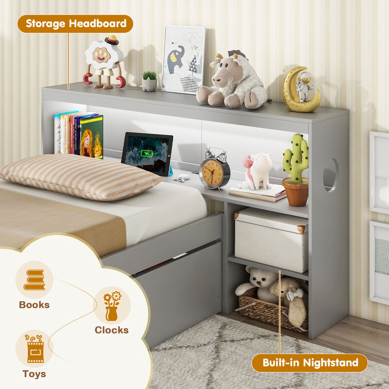 Bed Frame with LED Light and Bookcase Headboard