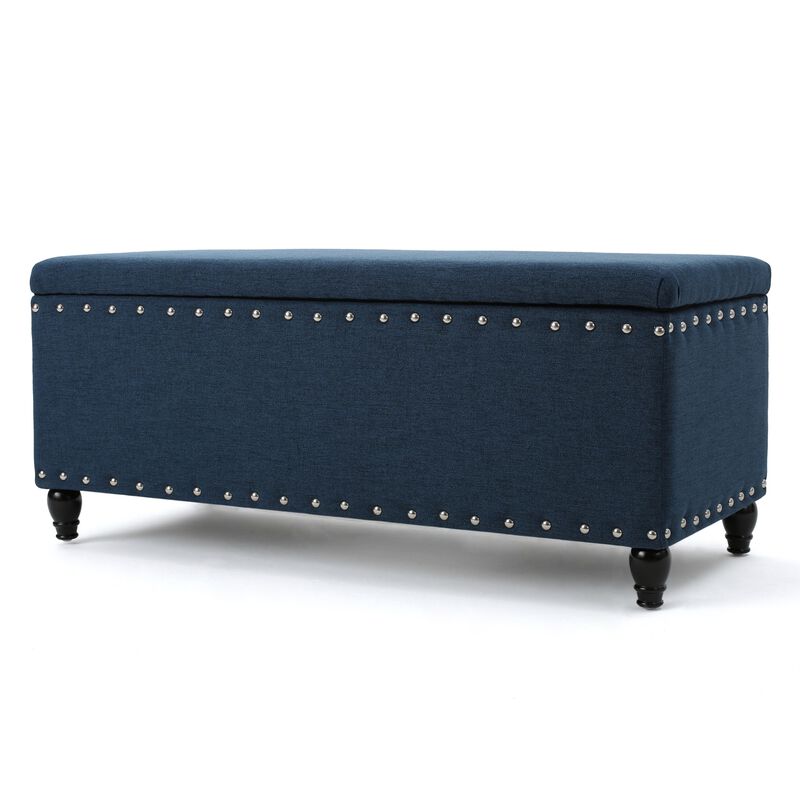 Sharon Storage Ottoman Bench, Navy Blue Fabric, Nailhead Trim, 42 Inch -Benzara