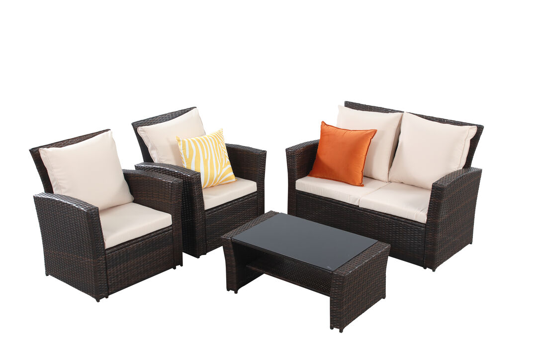 4-Pieces Outdoor Patio Furniture Set PE Rattan Wicker With Brown