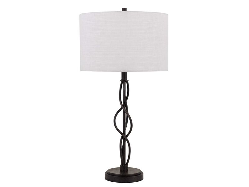 Round Fabric Shade Table Lamp, Metal Spiral Base, White, Textured Bronze-Benzara