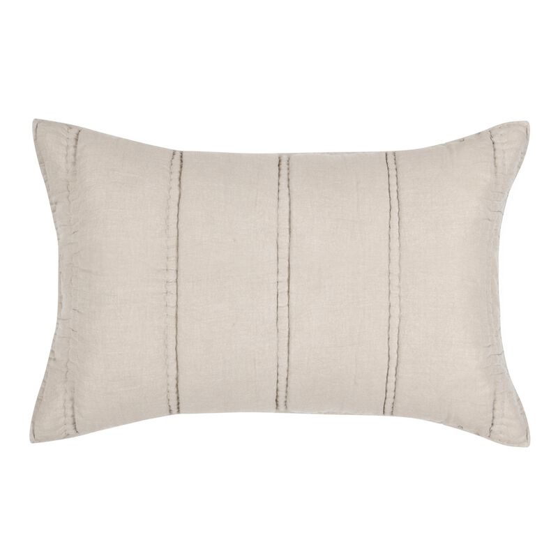 Rawi Lumbar King Pillow Sham, 20x36 Beige Channel Stitch Ramie Cotton - Benzara