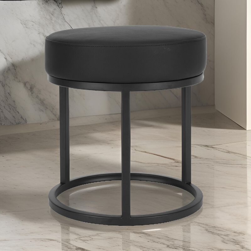 18 Inch Accent Stool Ottoman, Round Seat, Open Metal Frame, Black Finish - Benzara