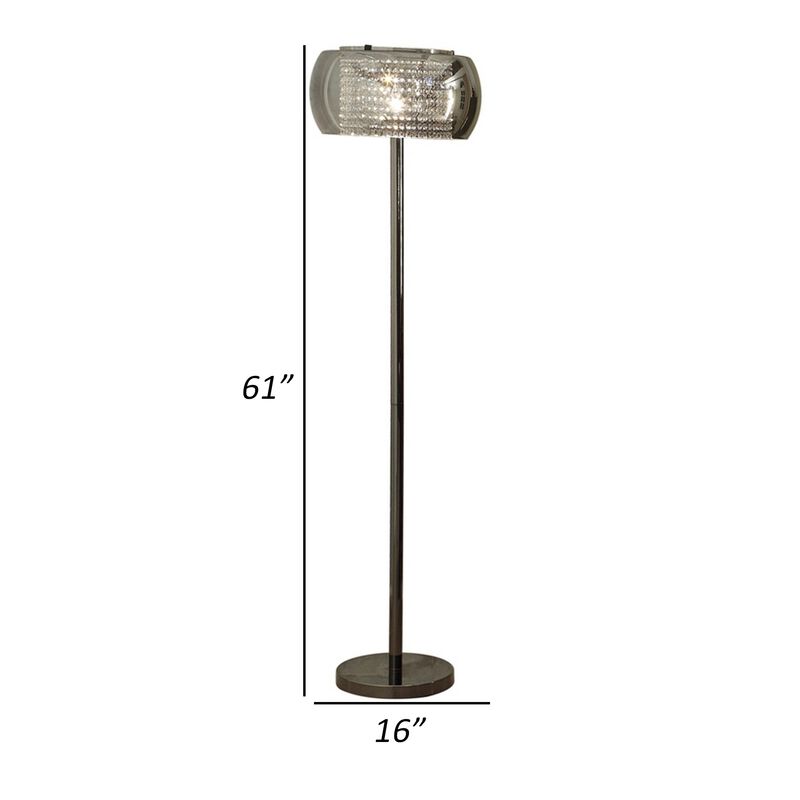 Hana 61 Inch Floor Lamp, Modern Crystal Glass Shade, Metal, Black Nickel-Benzara