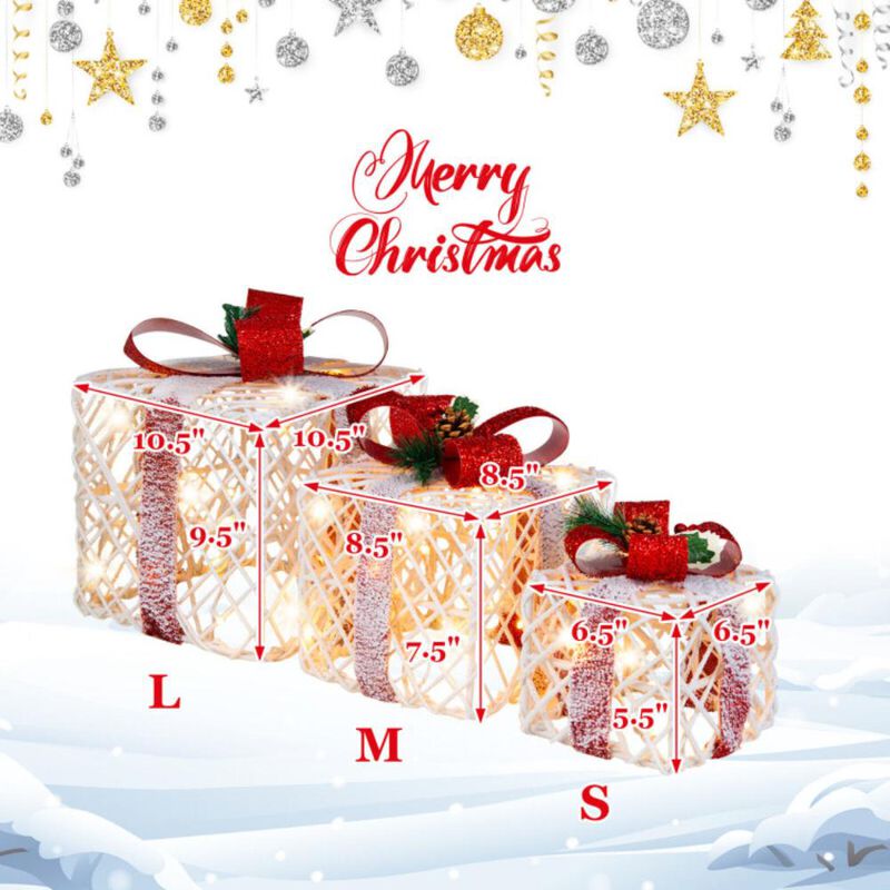 Hivvago Set of 3 Christmas Lighted Gift Boxes Decorations with Red Bowknots