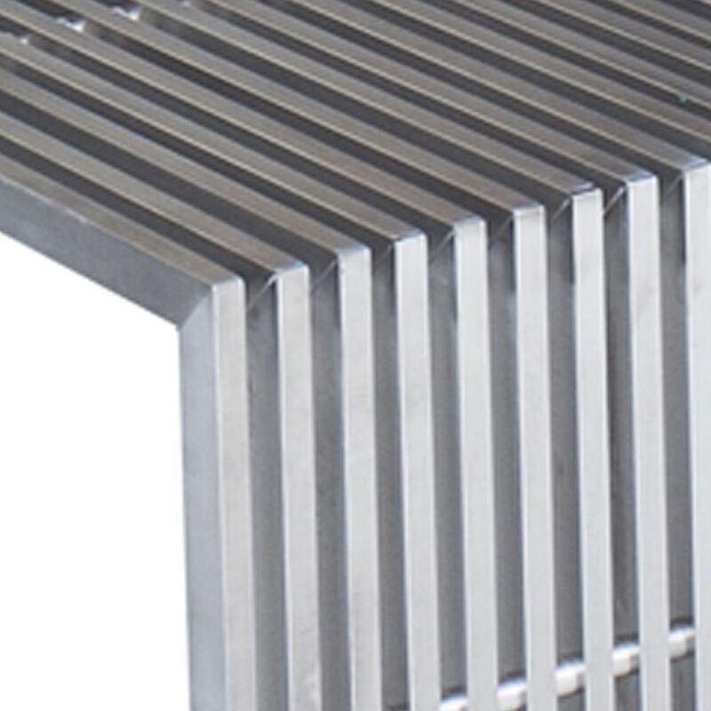 Niki 55 Inch Metal Bench, Slatted, Rectangular Shape, Brushed Silver Steel - Benzara