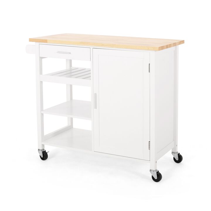 Alex Rolling Kitchen Island Bar Cart with Shelves, Brown Wood, White - Benzara