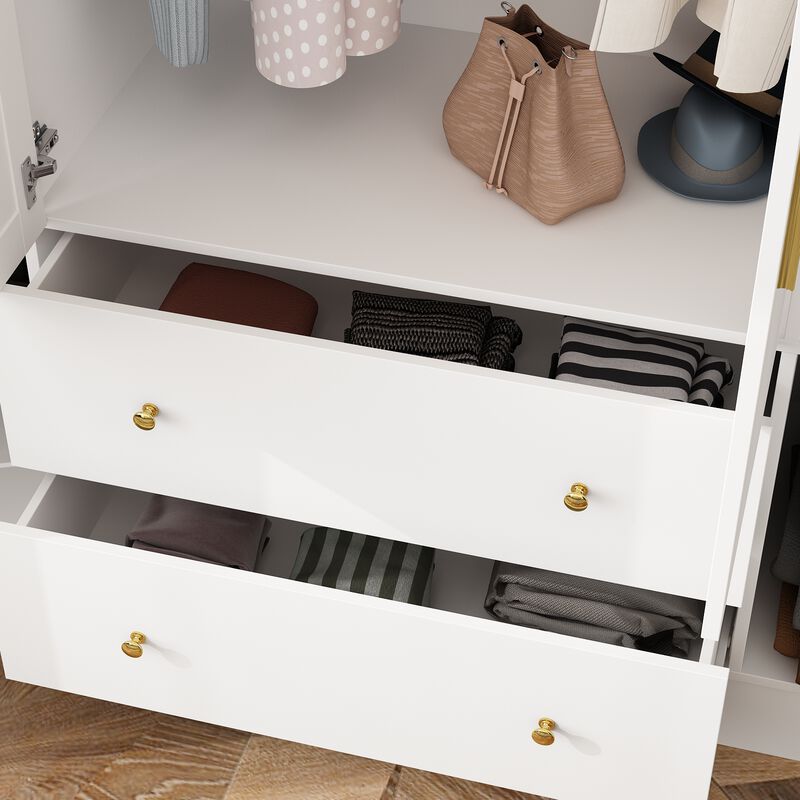 FUFU&GAGA Four-Door Wardrobe with Mirror, Top Cabinet, and Drawers (63" W x 19.7" D x 94.5" H),White