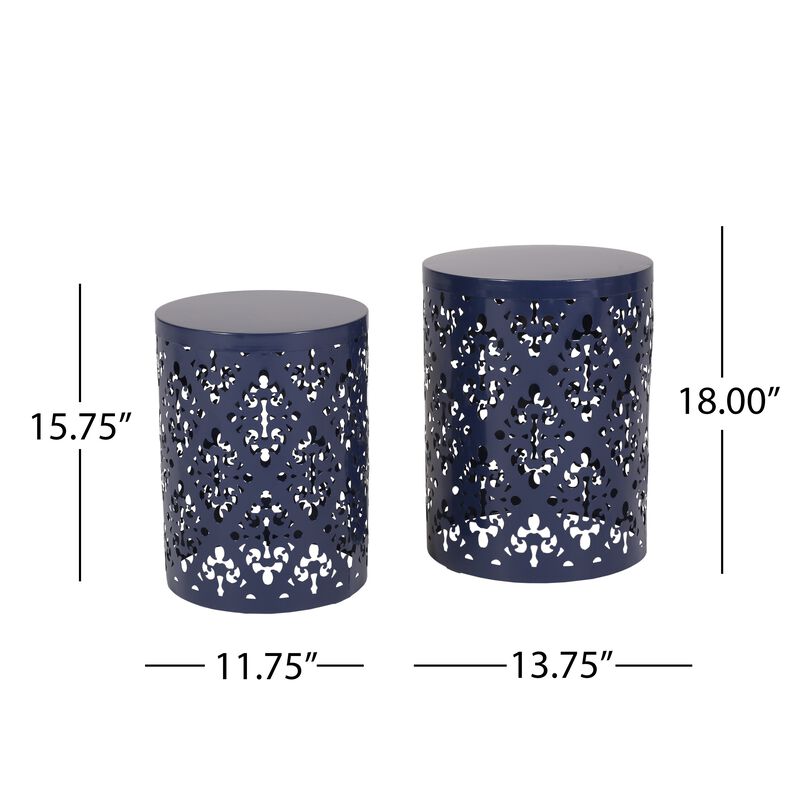Kemo Outdoor End Table Set of 2, Round Top, Cutout Design, Navy Blue - Benzara