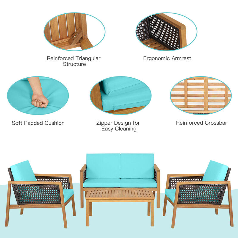4 Pieces Patio Rattan Furniture Set with Removable Cushions