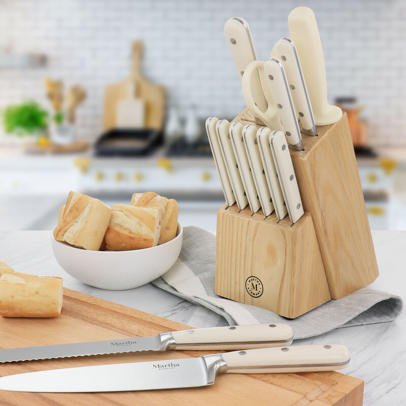 Martha Stewart Essential Ruxton 14 Piece Stainless Steel Knife and Block Set in Cream