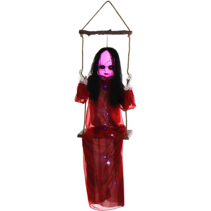 Haunted Hill Farm 6FT Swing Girl in Red Dress with lights