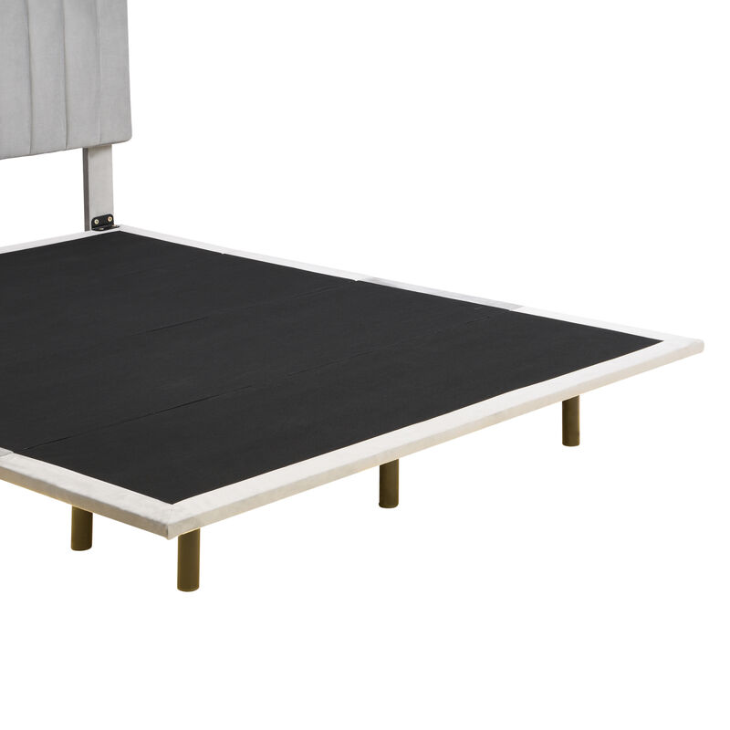 Queen Size Upholstered Bed With Sensor Light And Headboard, Floating Velvet Platform Bed, Gray