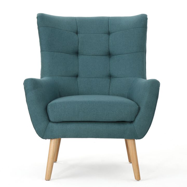 Ranie Accent Club Chair, Rubberwood Legs, Teal Button Tufted Polyester - Benzara