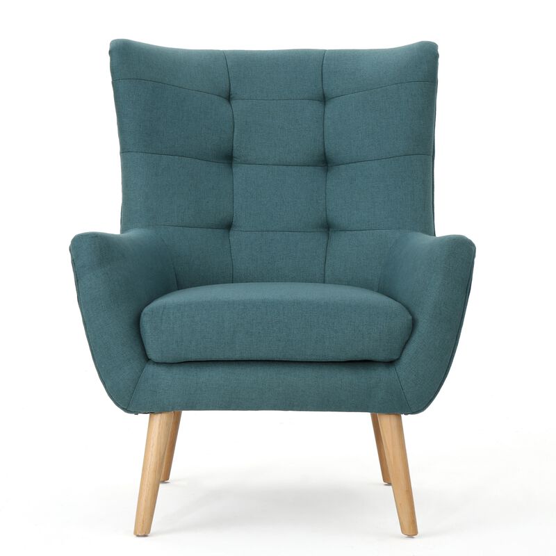 Ranie Accent Club Chair, Rubberwood Legs, Teal Button Tufted Polyester - Benzara