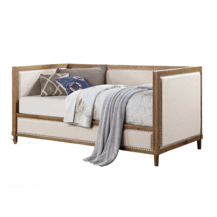 Kyra Twin Daybed with Nailhead Trim, Light Oak Pinewood, Beige Fabric - Benzara