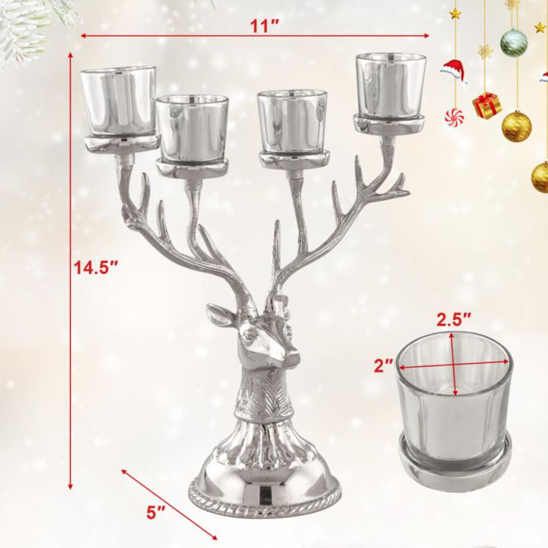 Hivvago Reindeer Candle Holder Christmas Ornament for 4 Candles Aluminum Decoration-Silver