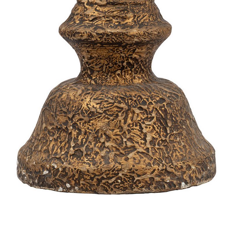 Mia 24 Inch Pillar Candle Holder, Antique Brass Metal, Turned Pedestal - Benzara