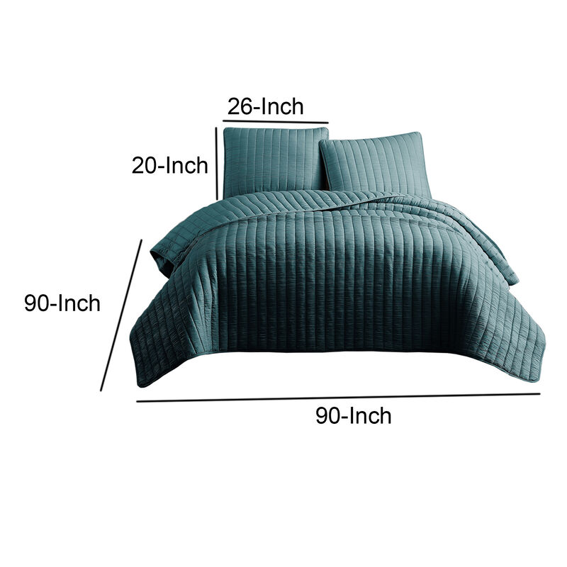 3 Piece Crinkle Queen Coverlet Set with Vertical Stitching, Turquoise Blue-Benzara