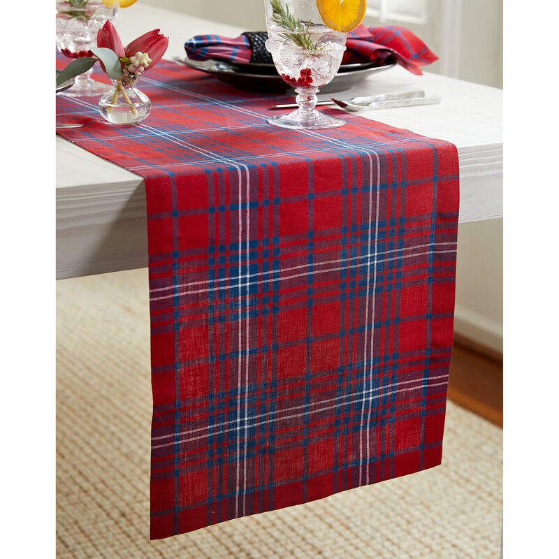 Solino Home 100% Pure Linen Red and Navy Tartan Plaid Table Runner