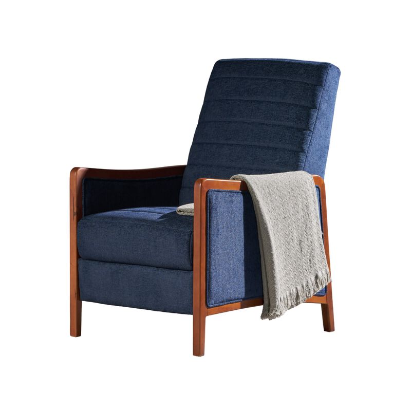 Ryka Pushback Manual Recliner Chair, Birch Wood, Channel Stitch Blue - Benzara