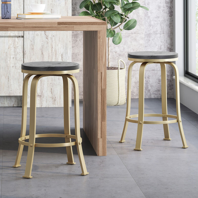 Modern Industrial Swivel Counter Stool with Faux Wood Seat