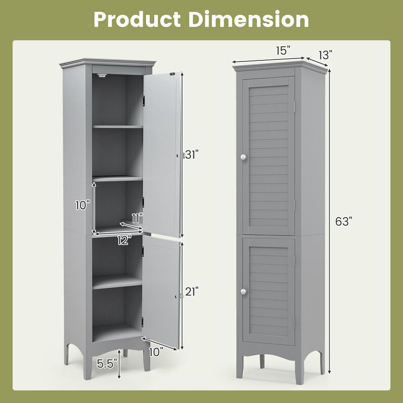 Tall Bathroom Floor Cabinet with Shutter Doors and Adjustable Shelf