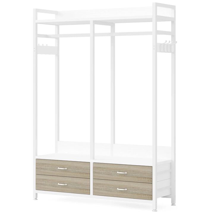 Hivvago Freestanding White Oak Garment Rack Clothes Hanging Rod with 4 Storage Drawers