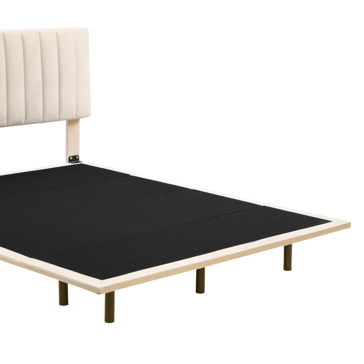 Queen Size Upholstered Bed With Sensor Light And Headboard, Floating Velvet Platform Bed