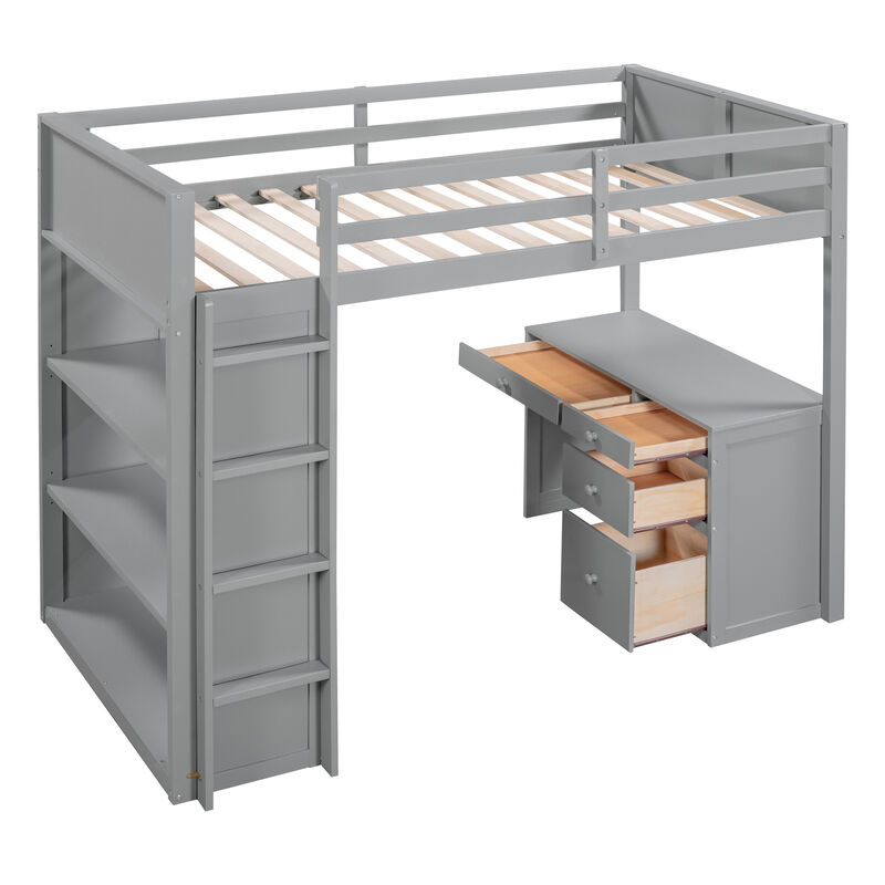 Loft Bed with Ladder Space-Saving Design with Built-In Shelves & Desk