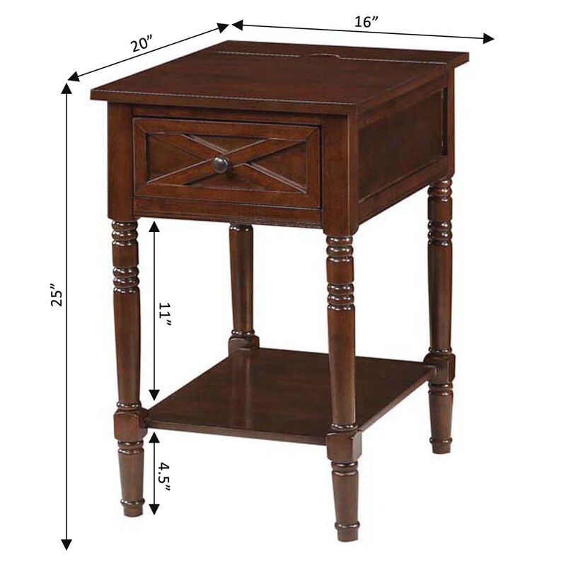 Convenience Concepts Country Oxford 1 Drawer End Table with Charging Station and Shelf, Espresso