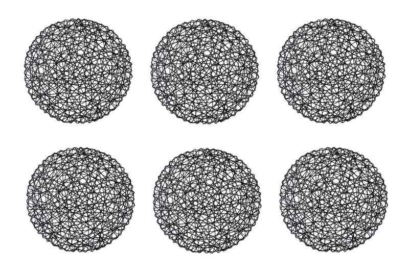 Set of 6 Black Mesh Patterned Woven Round Placemats 15"