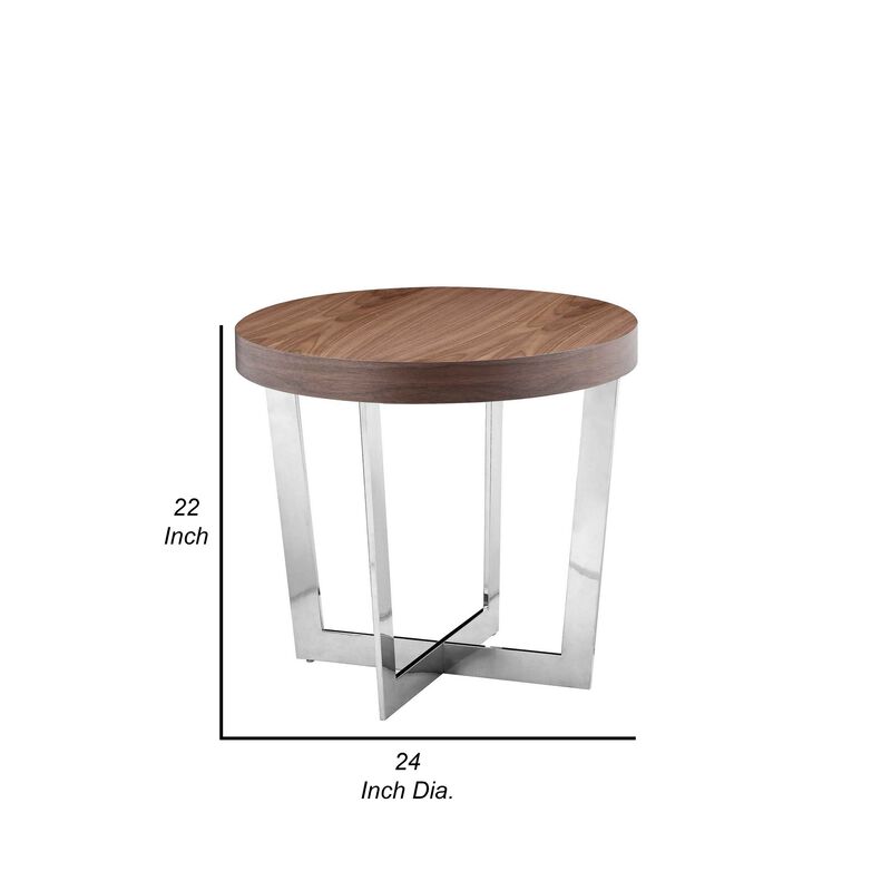 Tini 24 Inch Side End Table, Round Shaped Top, Metal Frame, Walnut Brown - Benzara