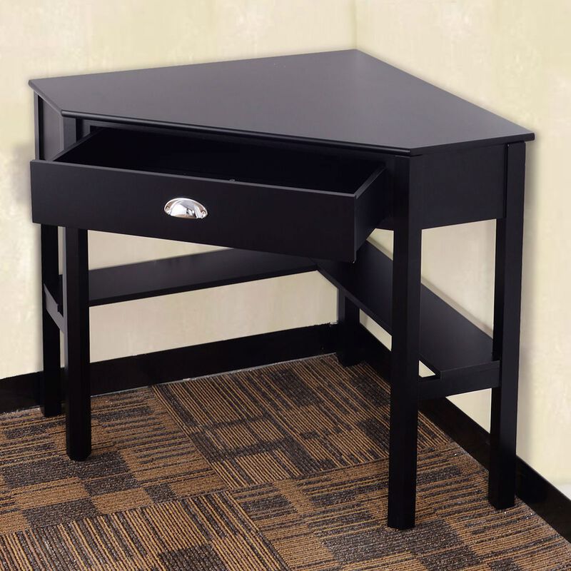 Hivvago Corner Black Wood Computer Desk with Drawer