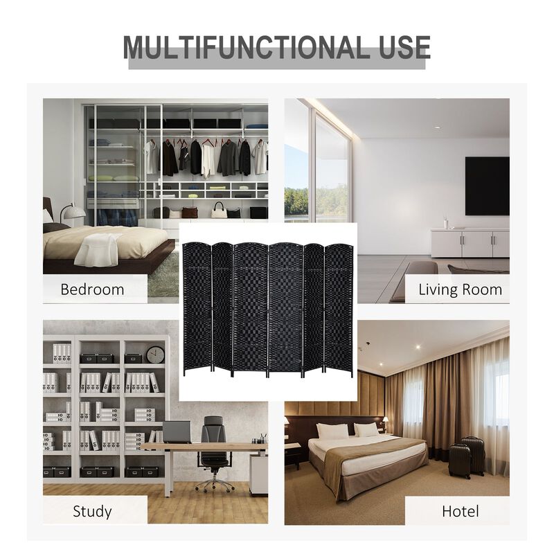Black Expansive Divider: 6-Panel 6' Tall Extra Wide Wicker Folding Screen