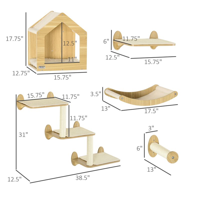 Oak Cat Playground: 8-Piece Wall-Mounted Climbing Set with Condo & Hammock
