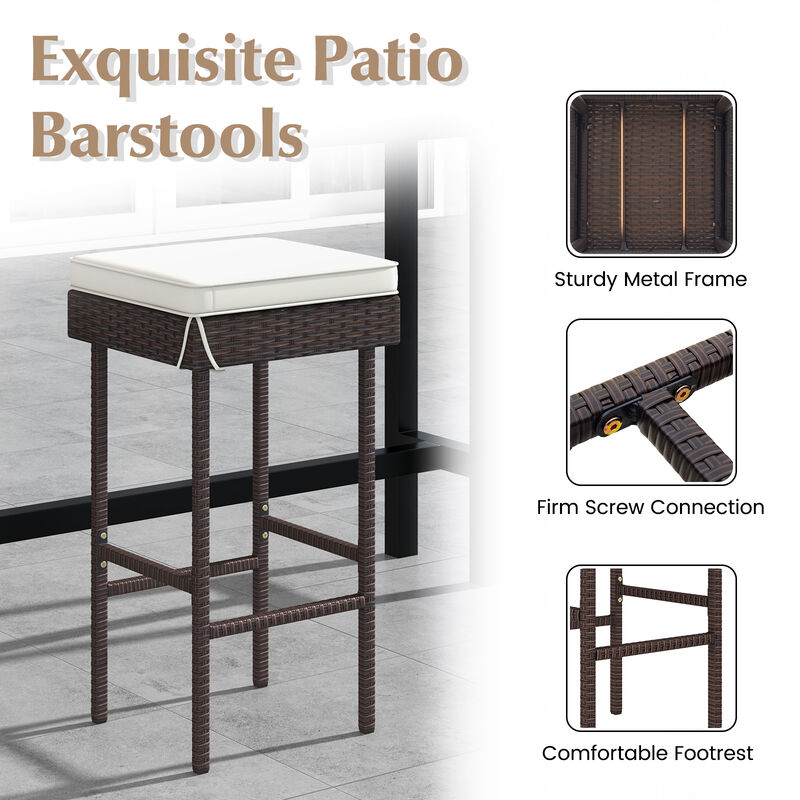 Patio Rattan Barstools Set of 2 with Footrest and Soft Cushions for Backyard Balcony