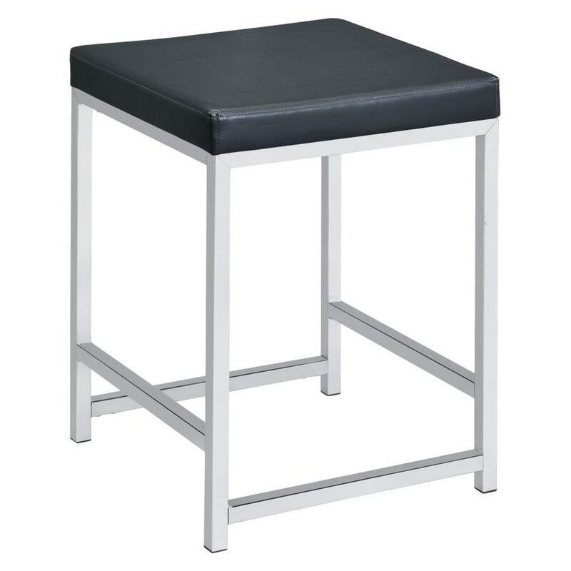 Vanity Stool with Leatherette Seat and Tubular Frame, Black-Benzara