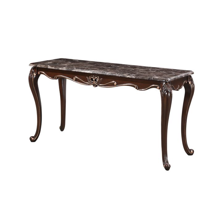 Cona 58 Inch Console Table, Carved Gold Accents, Cherry Brown, Gray, White - Benzara