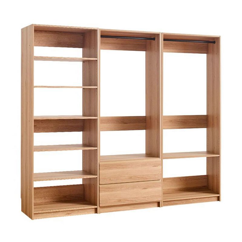 Dee Modular Closet System, 2 Clothing Racks, 2 Drawers, 6 Shelf, Brown Wood - Benzara