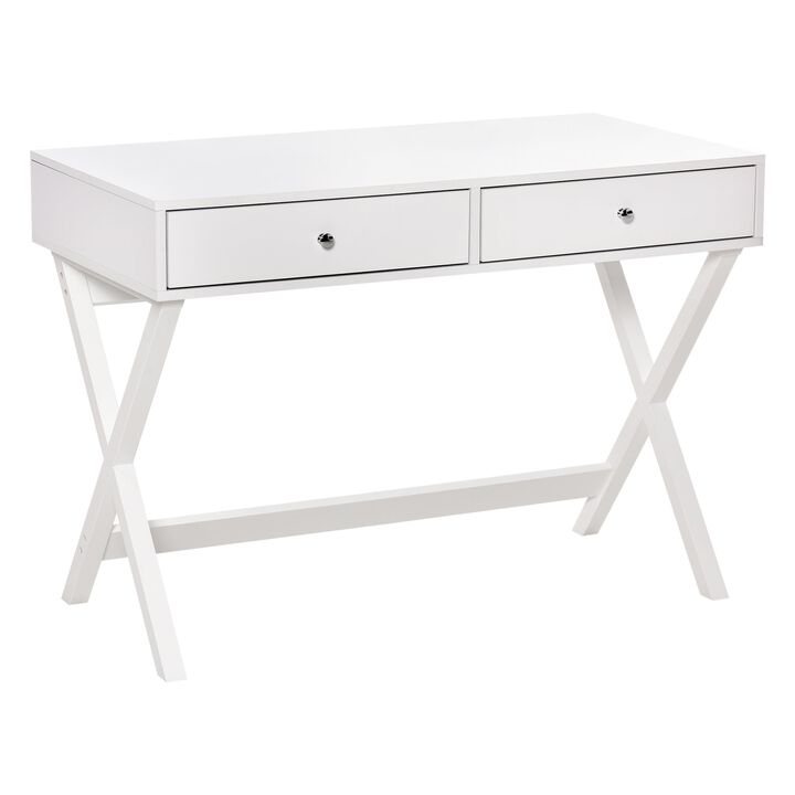 White Modern Workspace: Writing Desk with Drawers and X-shaped Legs