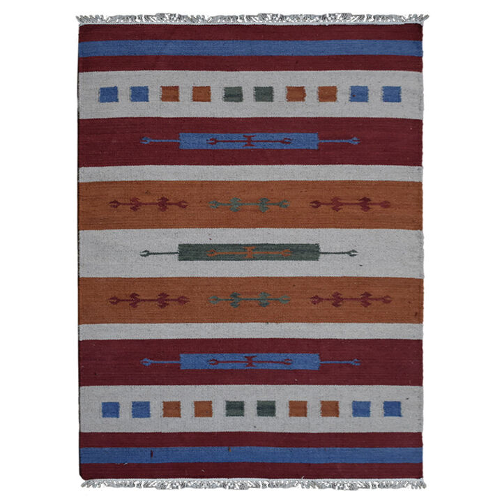 RUGSOTIC CARPETS HAND WOVEN FLAT WEAVE KILIM WOOL ECO-FRIENDLY AREA RUGS  - 4'x6', Rectangle Shape, Multicolor Color, Contemporary Modern Design, Low Pile Handmade Rugs for Living Room (D00145)