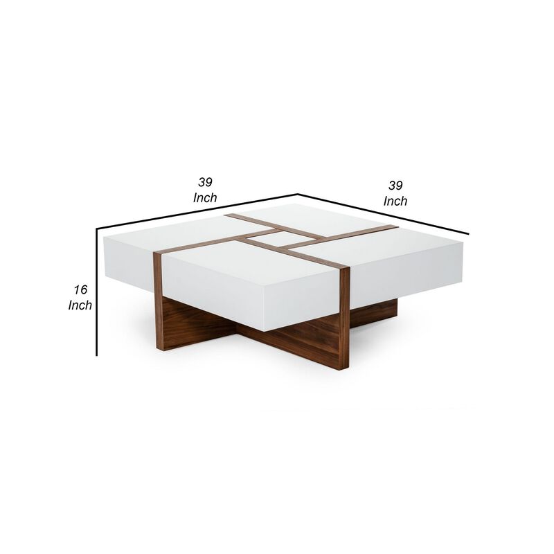 Cid 39 Inch Modern Wood Coffee Table, Puzzle Top Storage, White, Walnut-Benzara