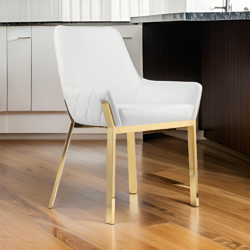 Fuma 23 Inch Dining Accent Chair Set of 2, Tufted, White Faux Leather, Gold - Benzara