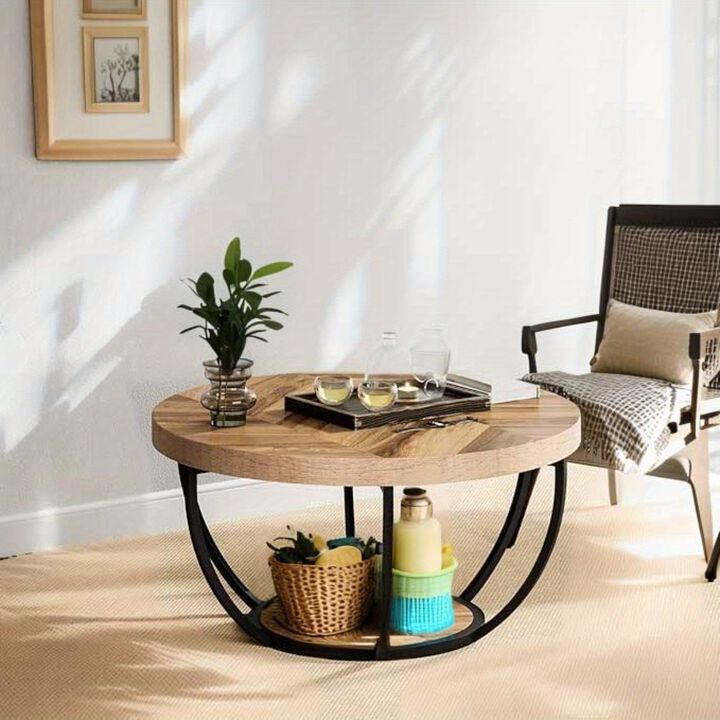 Christmas, 32" Round Coffee Table, Modern Circle Coffee Table Sofa Side Table with Metal Legs for Living Room, Home Office, 2-Tier Wood Accent Center Table with Open Storage, Vintage Home Furniture