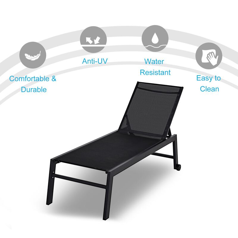 Black Patio Lounger: Chaise Chair with Wheels and Adjustable Back