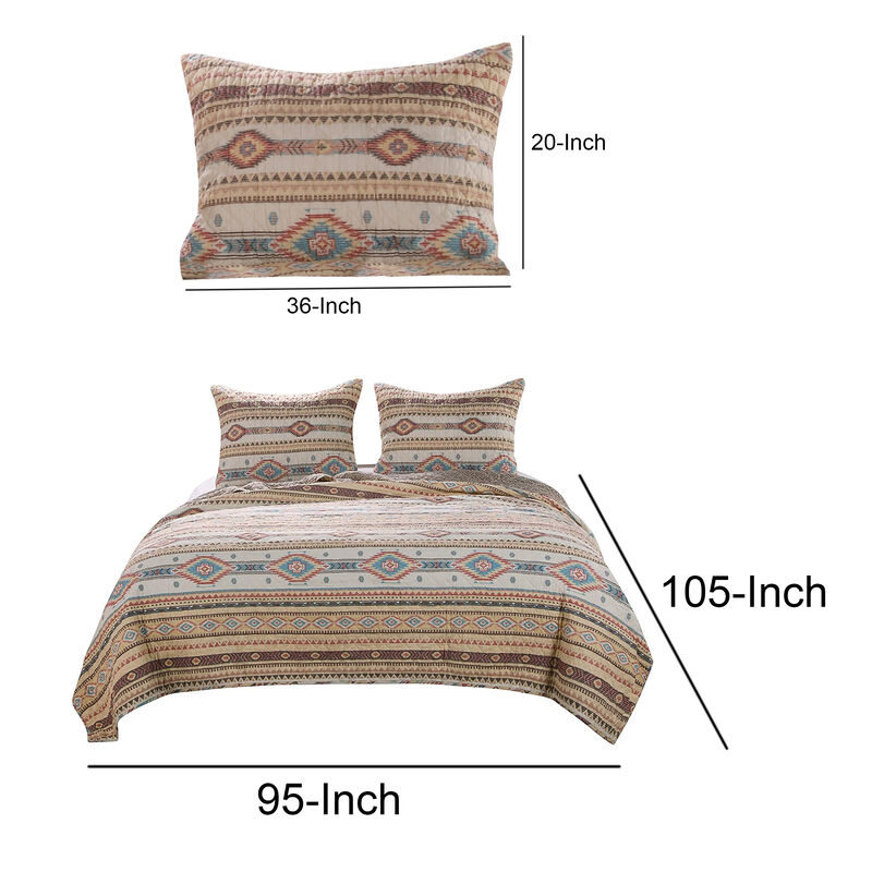 King Size 3 Piece Polyester Quilt Set with Kilim Pattern, Multicolor - Benzara