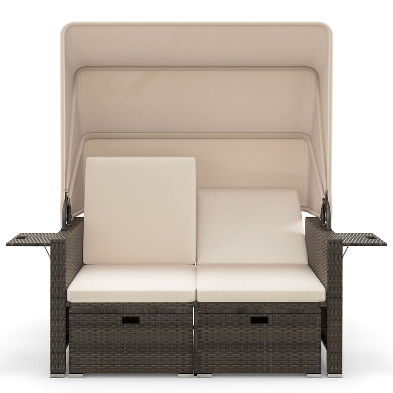 Outdoor Patio Rattan Daybed with Retractable Canopy and Adjustable Backrests